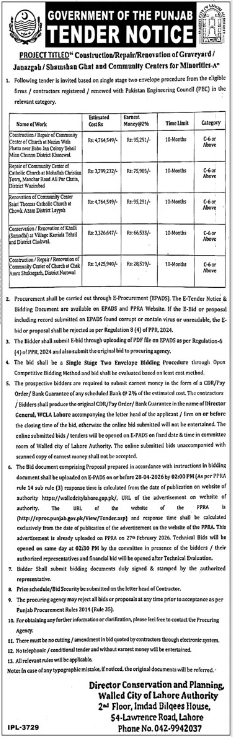Construction/Repair/Renovation of Graveyard & Community Centres for Minorities - Government of the Punjab, Director Conservation and Planning, Walled City of Lahore Authority